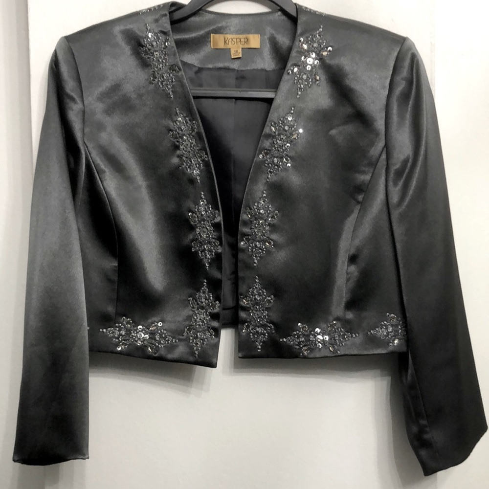 KASPER Evening Cropped Jacket Sparkly Embroidery, Beads & Sequins Size 12 GRAY